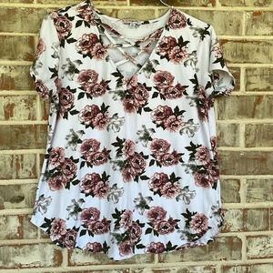 Orange X Floral Criss Cross  V-neck Short Sleeved Blouse